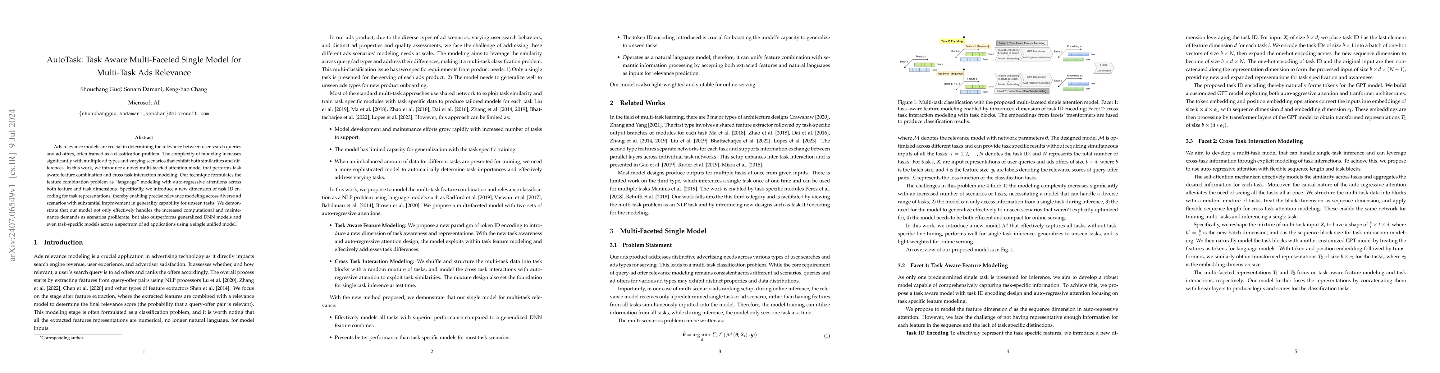 Thumbnail for AutoTask: Task Aware Multi-Faceted Single Model for Multi-Task Ads
  Relevance