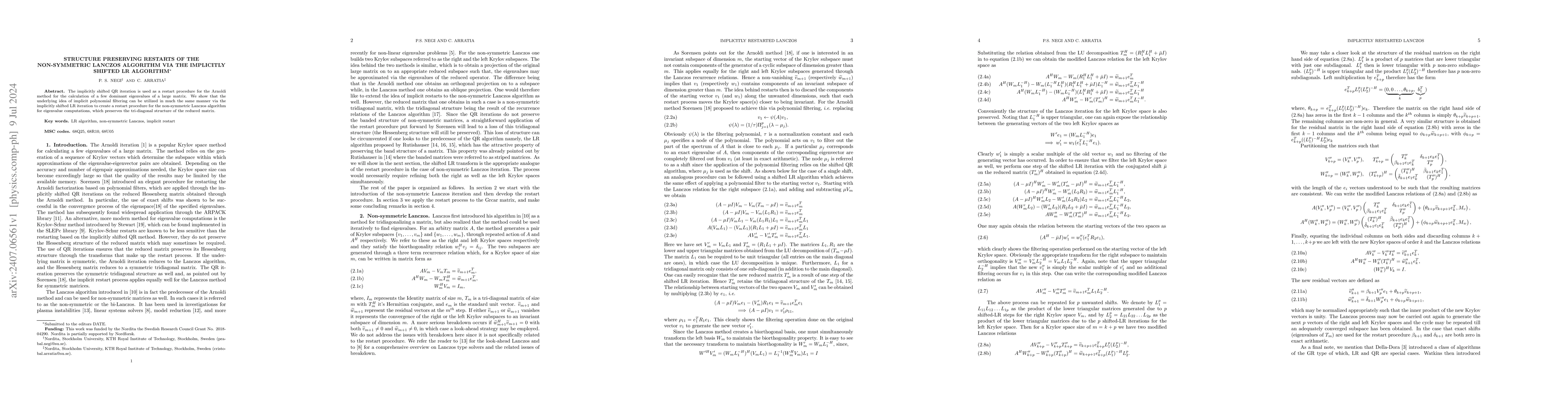 Thumbnail for Structure Preserving Restarts of the Non-Symmetric Lanczos Algorithm via
  the Implicitly shifted LR algorithm
