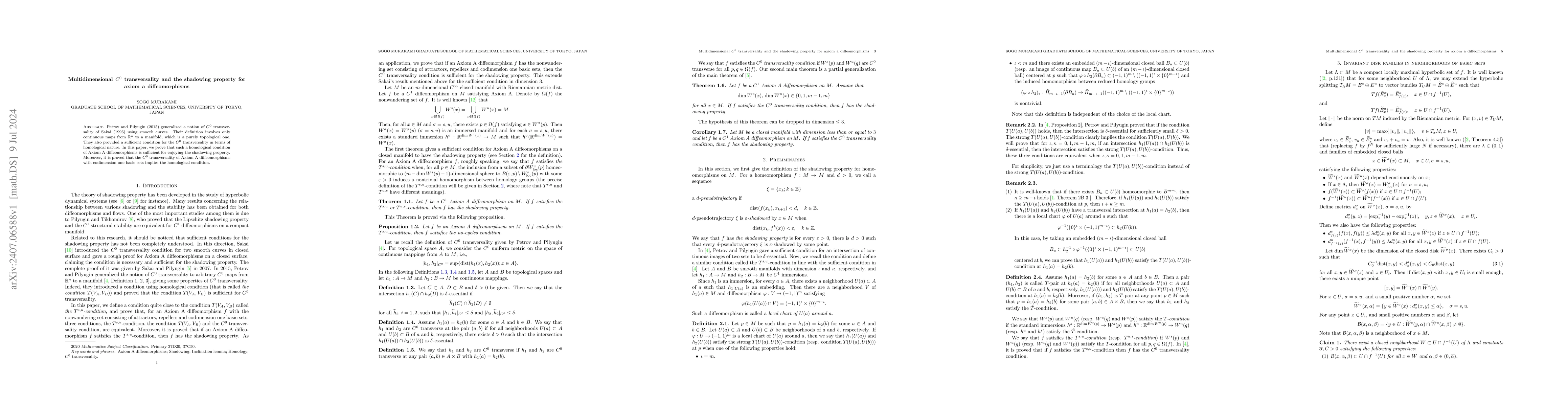 Thumbnail for Multidimensional $C^0$ transversality and the shadowing property for
  Axiom A diffeomorphisms