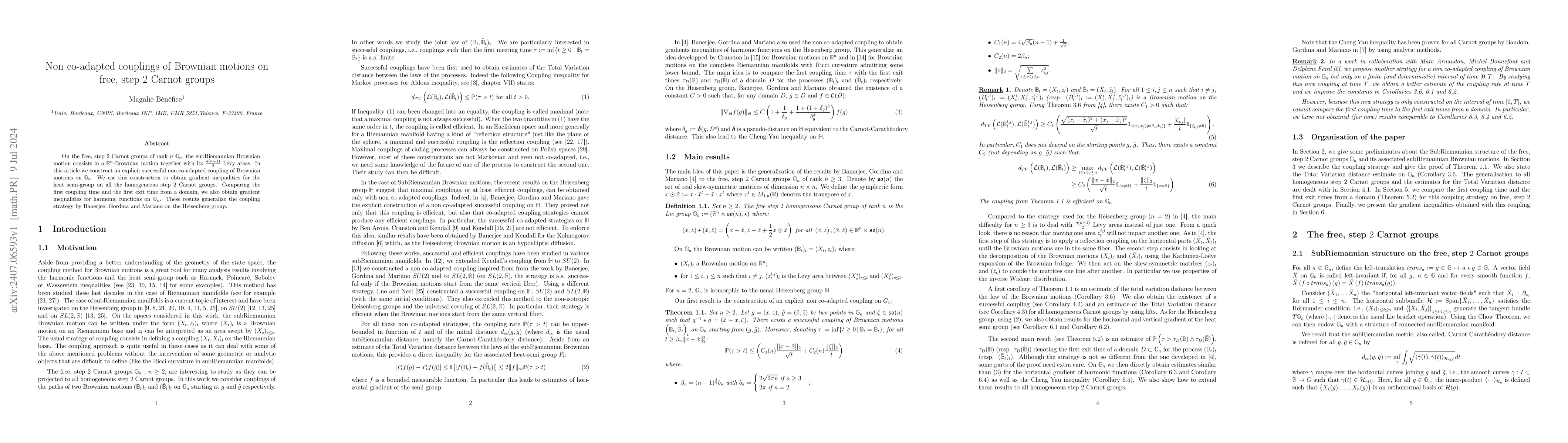 Thumbnail for Non co-adapted couplings of Brownian motions on free, step 2 Carnot
  groups