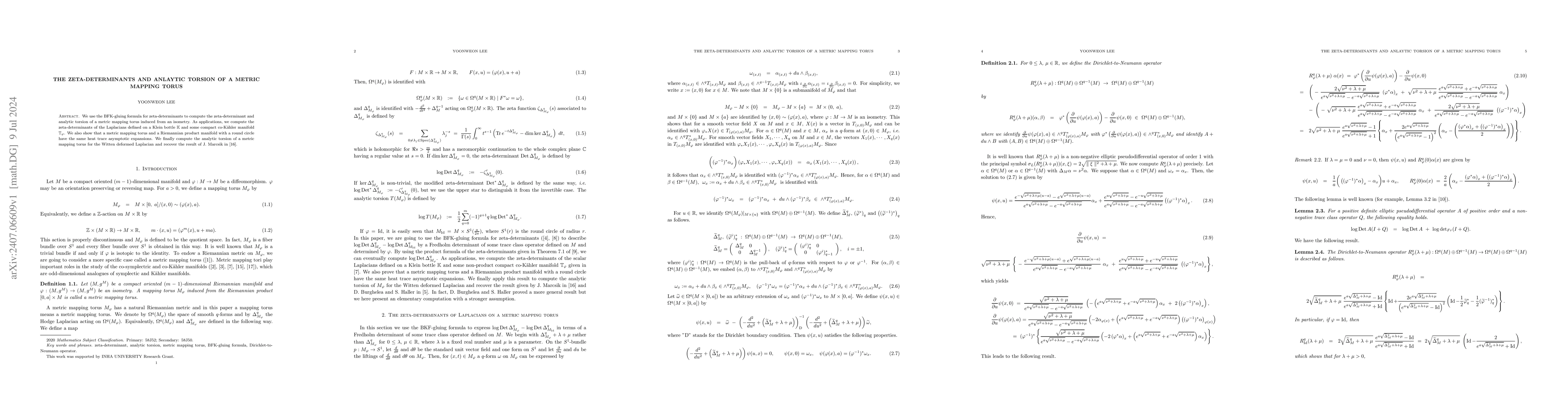 Thumbnail for The zeta-determinants and anlaytic torsion of a metric mapping torus