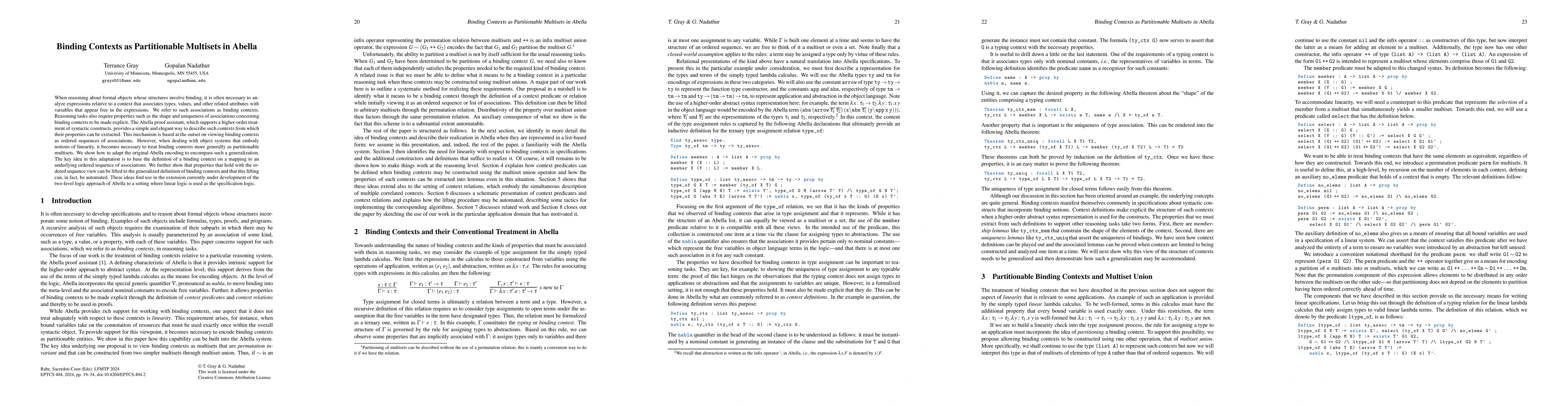 Thumbnail for Binding Contexts as Partitionable Multisets in Abella