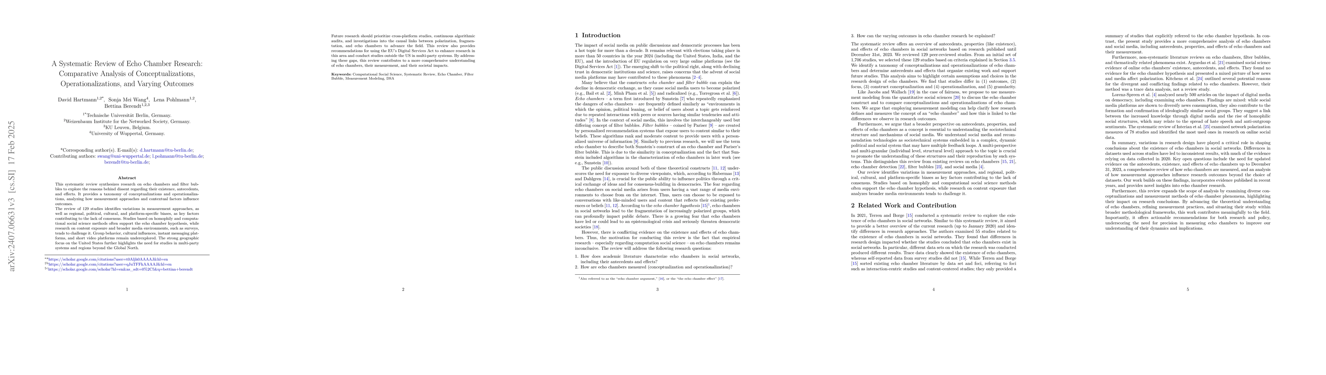 Thumbnail for A Systematic Review of Echo Chamber Research: Comparative Analysis of
  Conceptualizations, Operationalizations, and Varying Outcomes