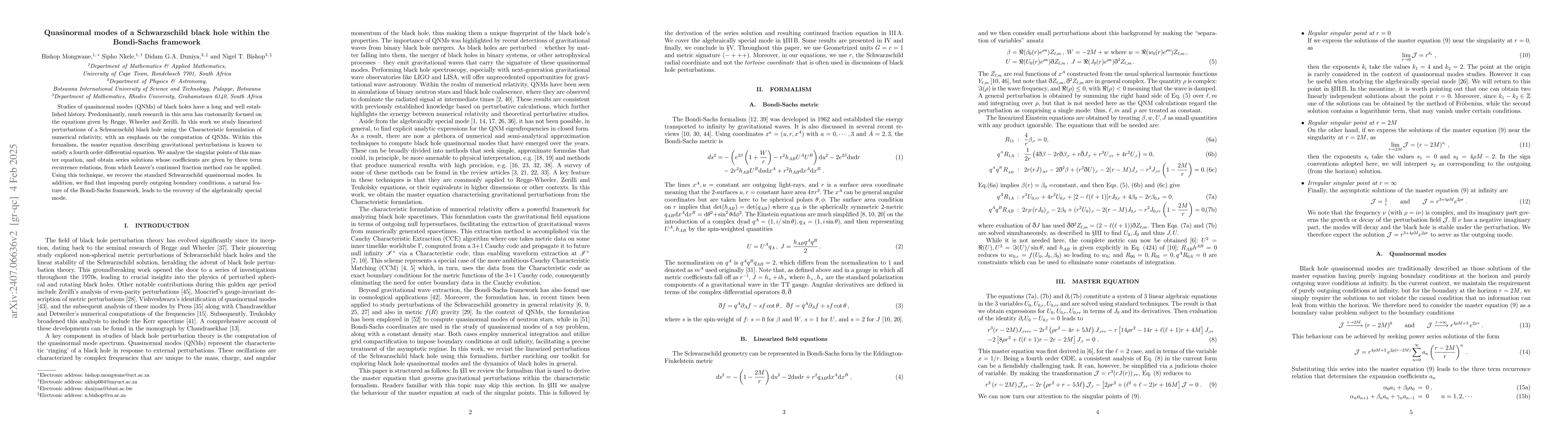 Thumbnail for Quasinormal modes of a Schwarzschild black hole within the Bondi-Sachs
  framework