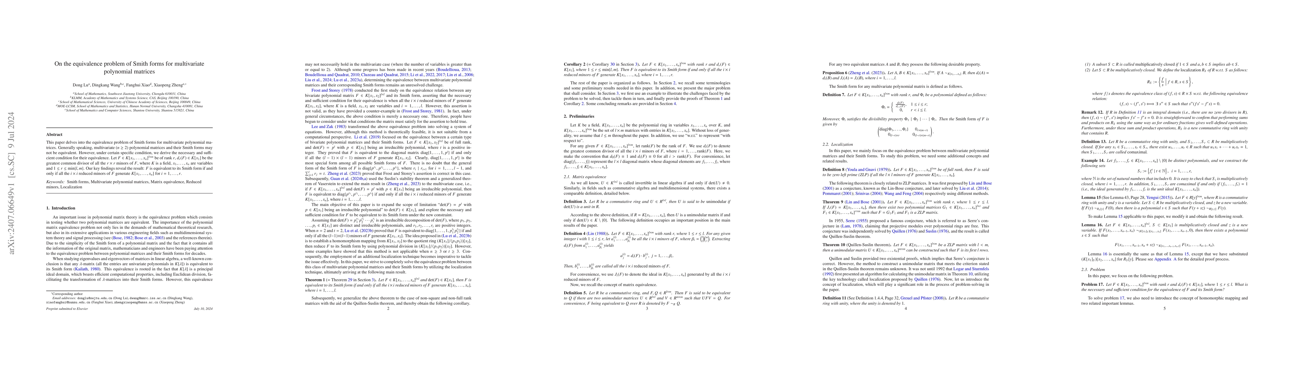 Thumbnail for On the equivalence problem of Smith forms for multivariate polynomial
  matrices
