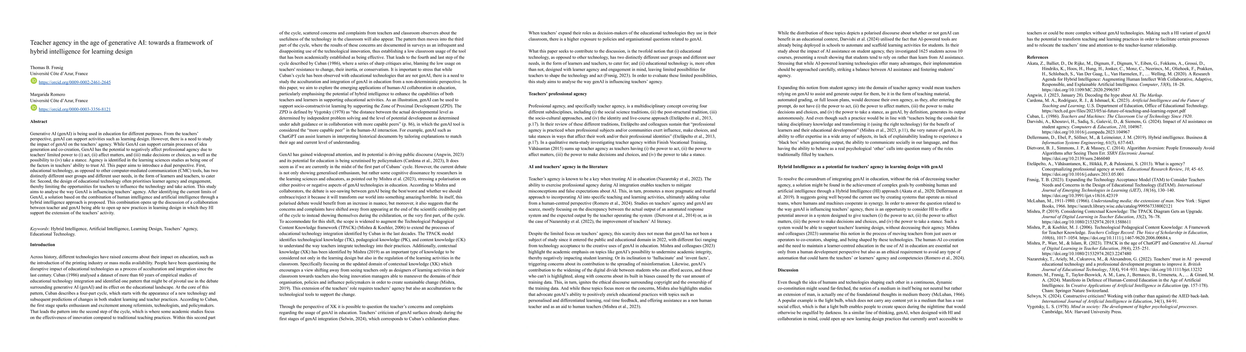Thumbnail for Teacher agency in the age of generative AI: towards a framework of
  hybrid intelligence for learning design