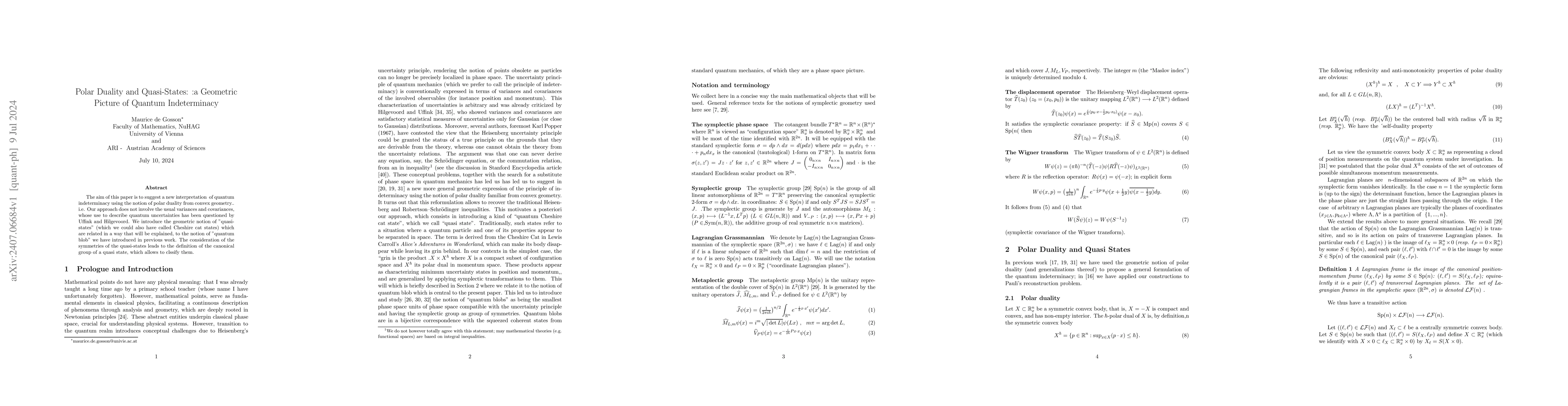 Thumbnail for Polar Duality and Quasi-States: a Geometric Picture of Quantum
  Indeterminacy