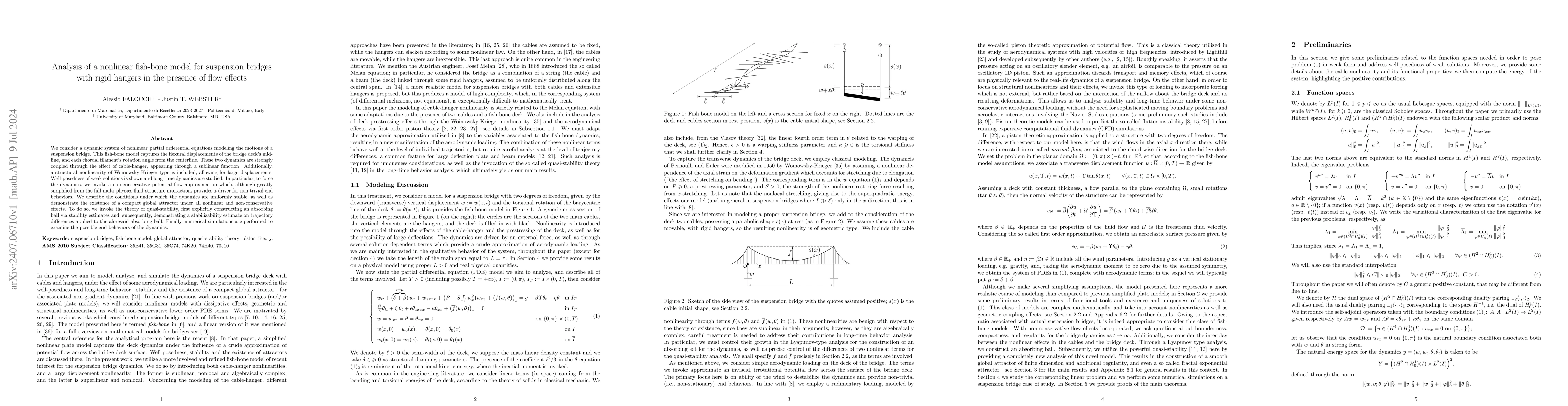 Thumbnail for Analysis of a nonlinear fish-bone model for suspension bridges with
  rigid hangers in the presence of flow effects