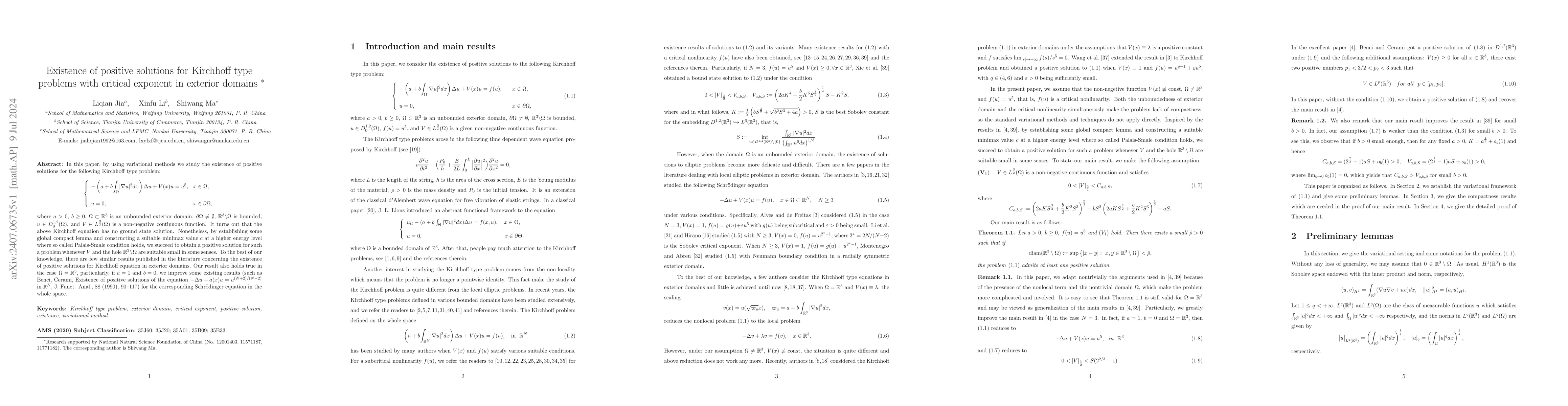 Thumbnail for Existence of positive solutions for Kirchhoff type problems with
  critical exponent in exterior domains