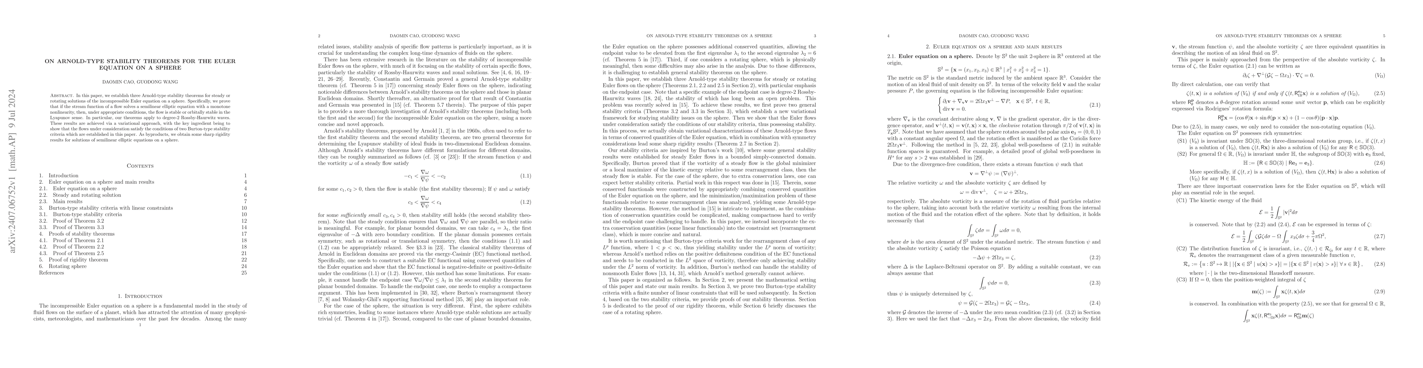 Thumbnail for On Arnold-type stability theorems for the Euler equation on a sphere