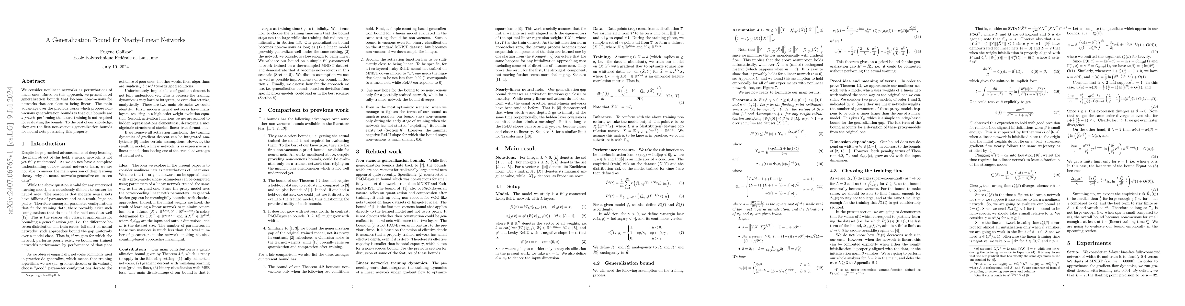 Thumbnail for A Generalization Bound for Nearly-Linear Networks