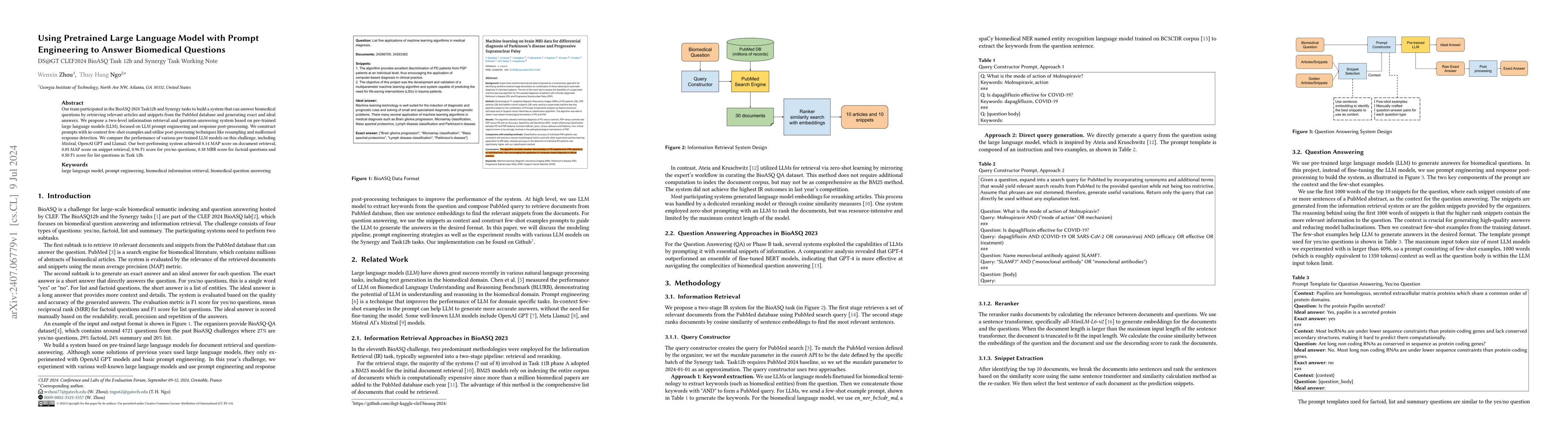 Thumbnail for Using Pretrained Large Language Model with Prompt Engineering to Answer
  Biomedical Questions