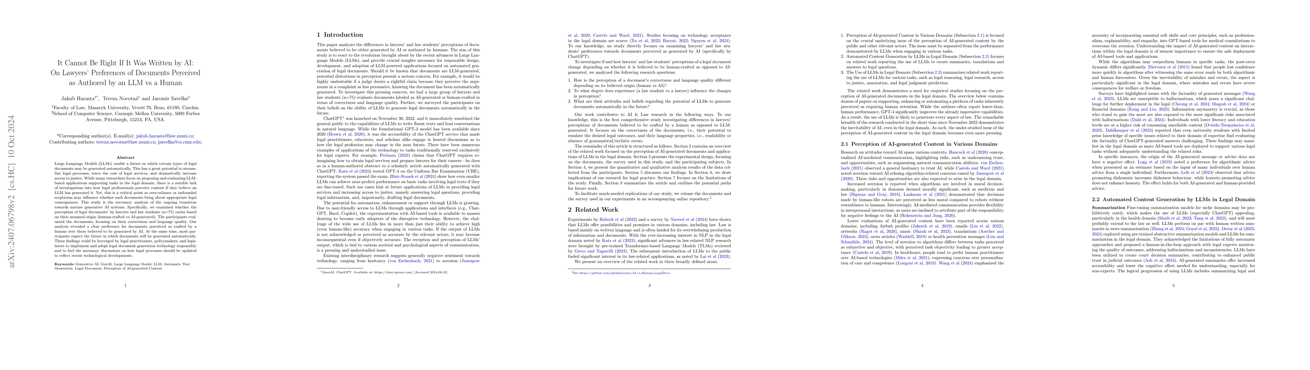 Thumbnail for It Cannot Be Right If It Was Written by AI: On Lawyers' Preferences of
  Documents Perceived as Authored by an LLM vs a Human