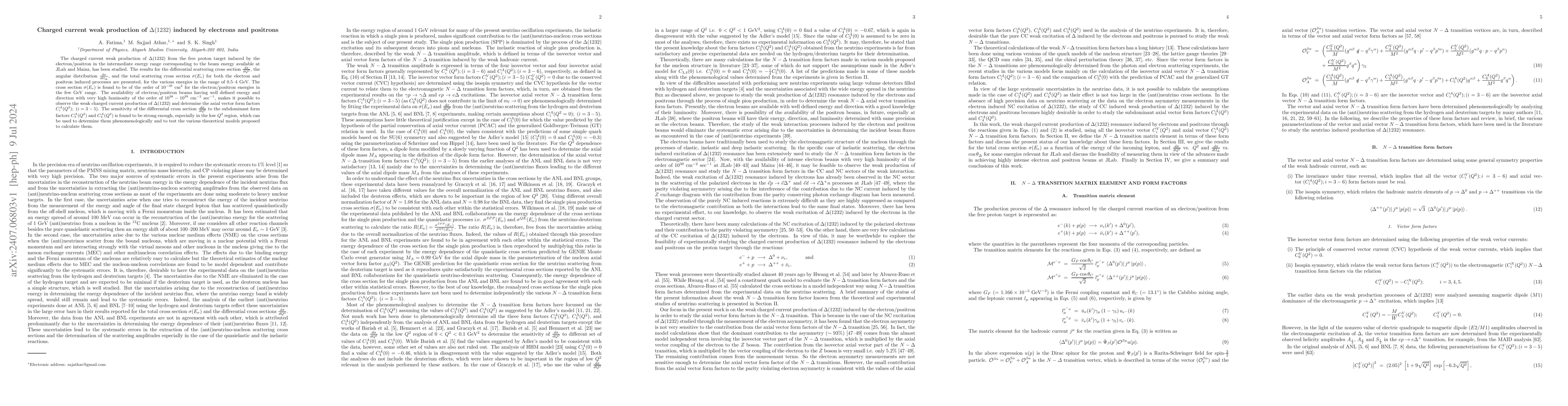 Thumbnail for Charged current weak production of $Δ(1232)$ induced by electrons
  and positrons