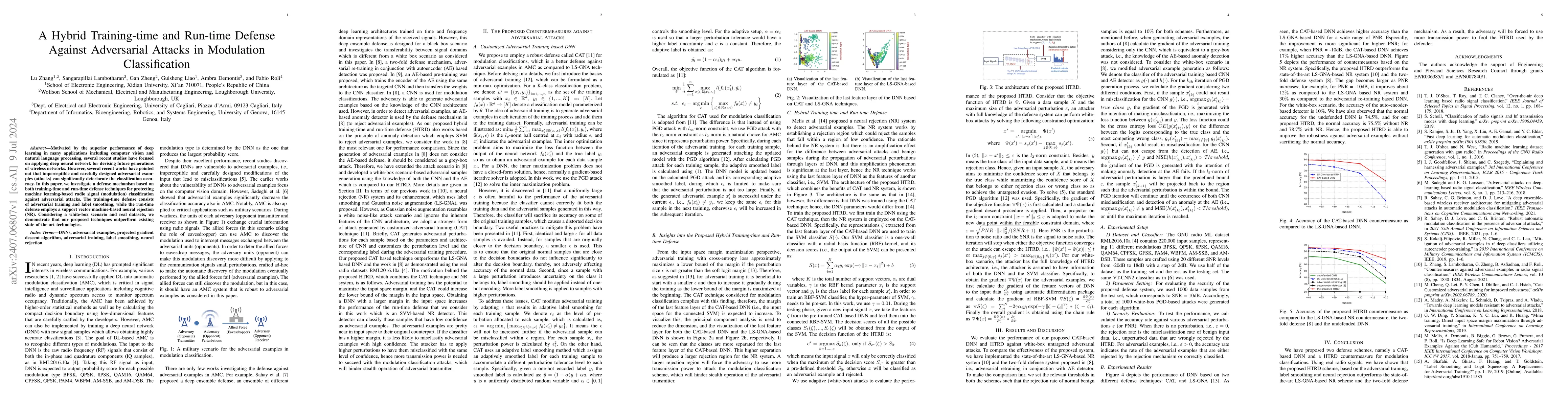 Thumbnail for A Hybrid Training-time and Run-time Defense Against Adversarial Attacks
  in Modulation Classification