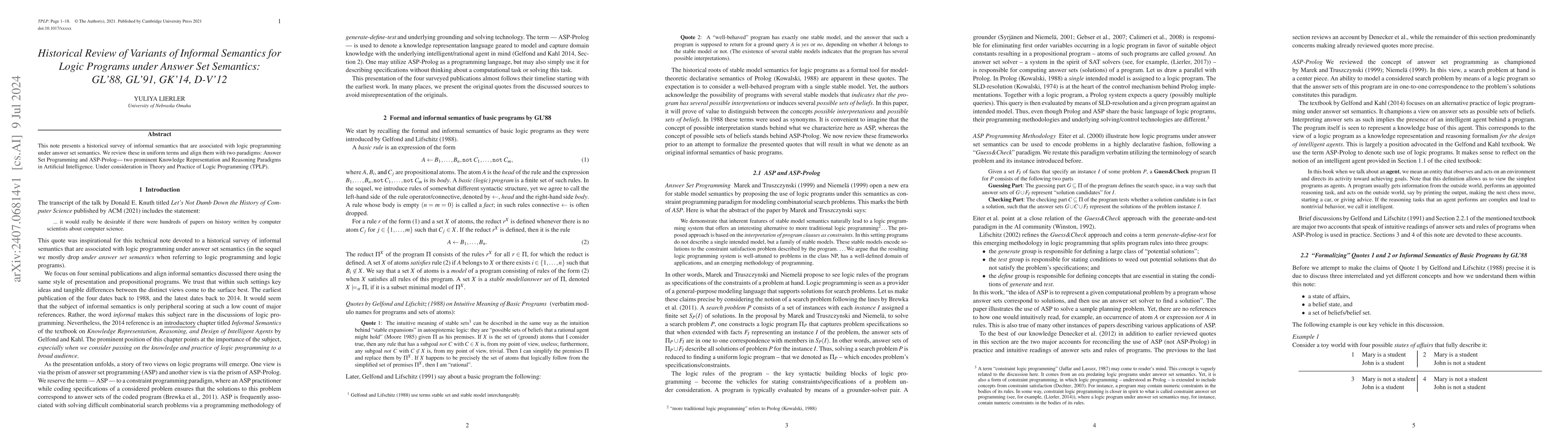 Thumbnail for Historical Review of Variants of Informal Semantics for Logic Programs
  under Answer Set Semantics: GL'88, GL'91, GK'14, D-V'12