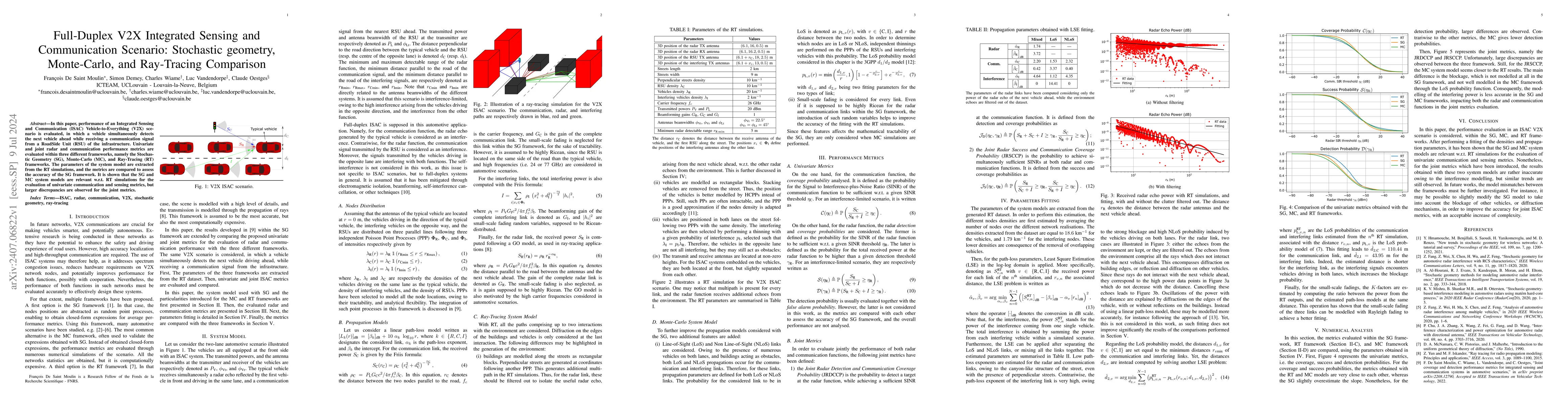 Thumbnail for Full-Duplex V2X Integrated Sensing and Communication Scenario:
  Stochastic geometry, Monte-Carlo, and Ray-Tracing Comparison