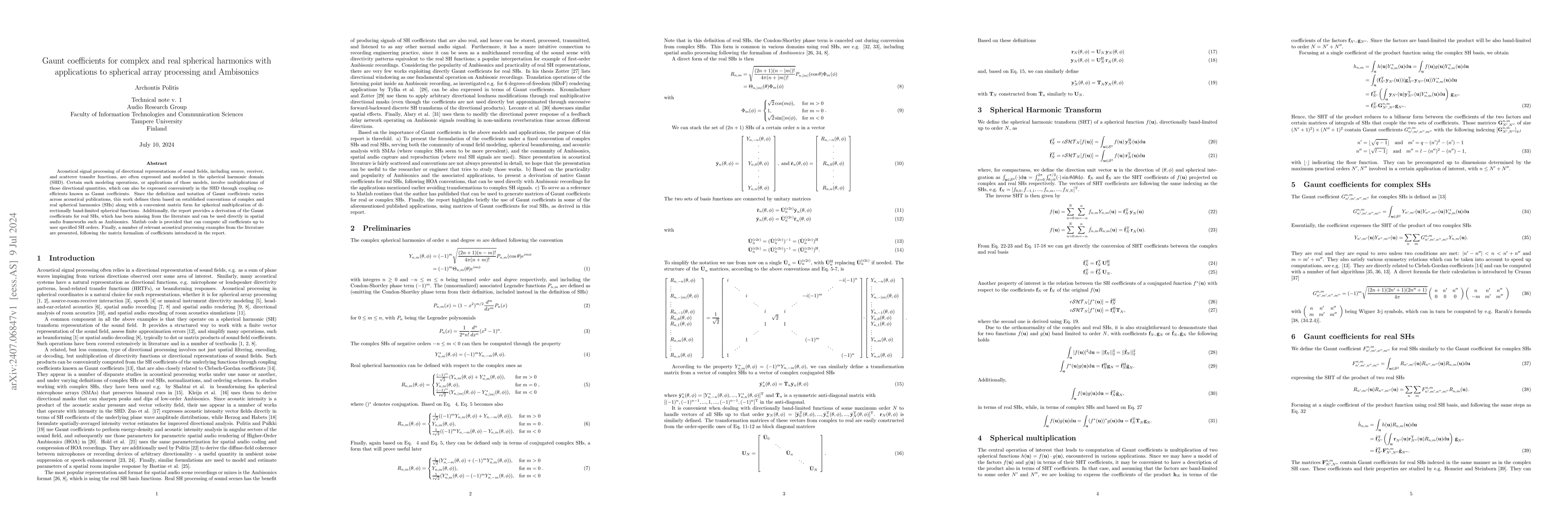 Thumbnail for Gaunt coefficients for complex and real spherical harmonics with
  applications to spherical array processing and Ambisonics