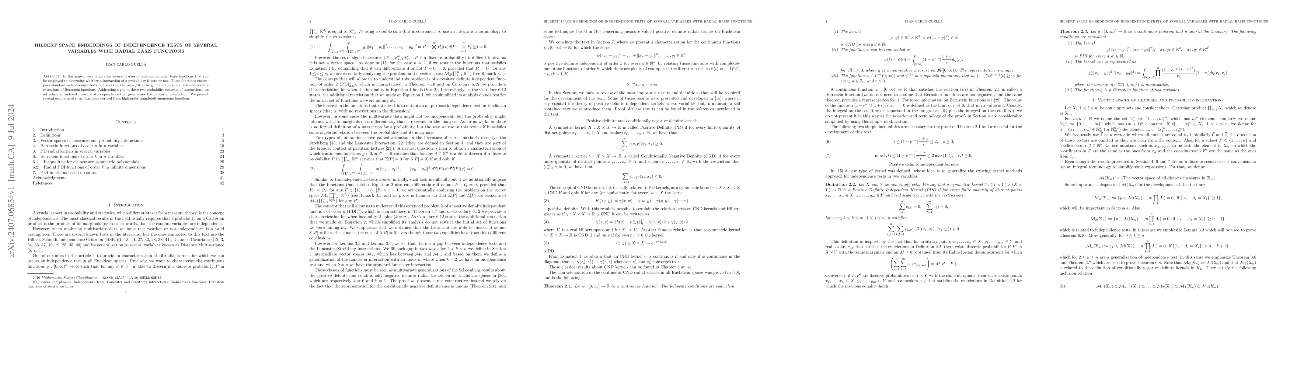 Thumbnail for Hilbert space embeddings of independence tests of several variables with
  radial basis functions
