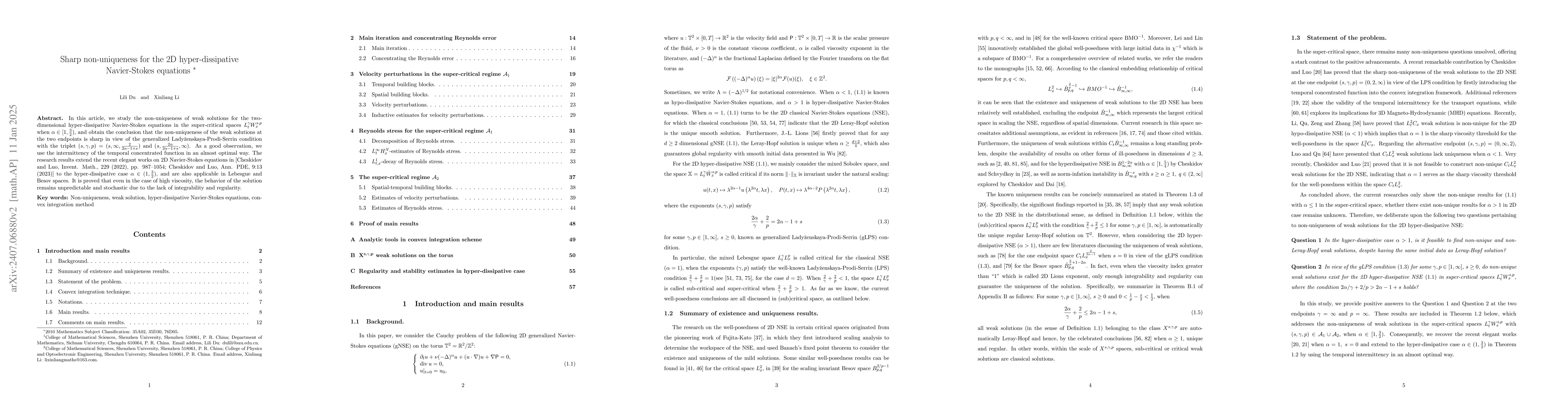 Thumbnail for Sharp non-uniqueness for the 2D hyper-dissipative Navier-Stokes
  equations
