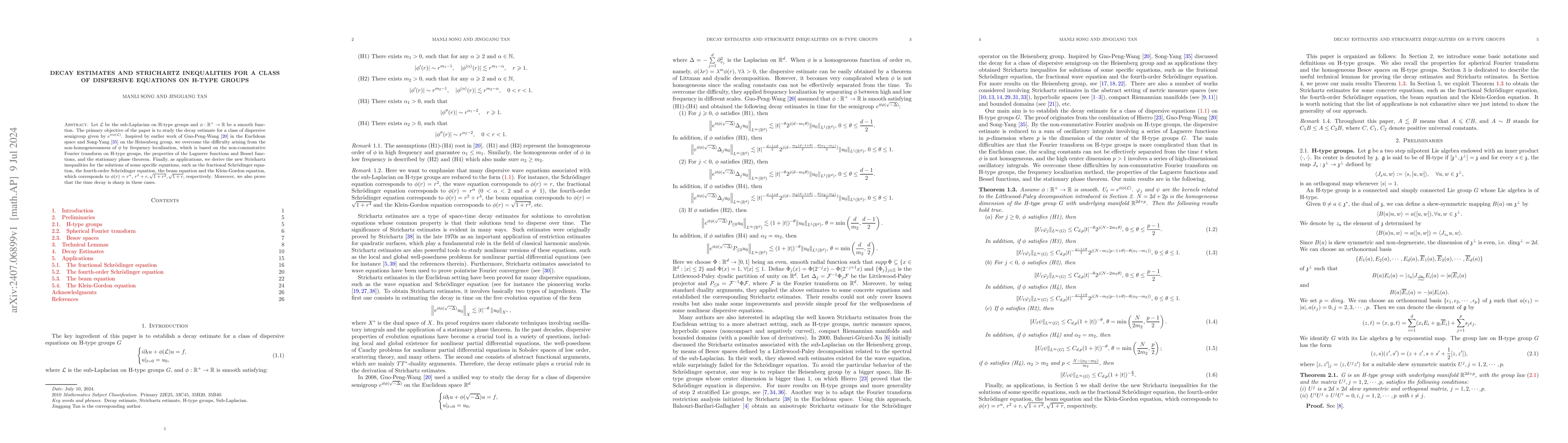 Thumbnail for Decay estimates and Strichartz inequalities for a class of dispersive
  equations on H-type groups