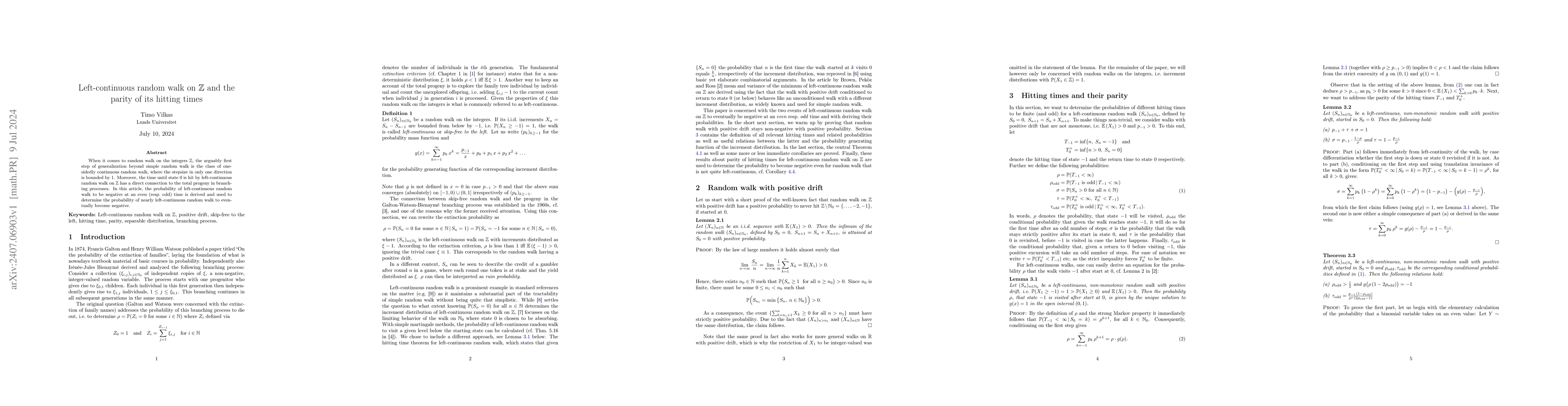 Thumbnail for Left-continuous random walk on $\mathbb{Z}$ and the parity of its
  hitting times