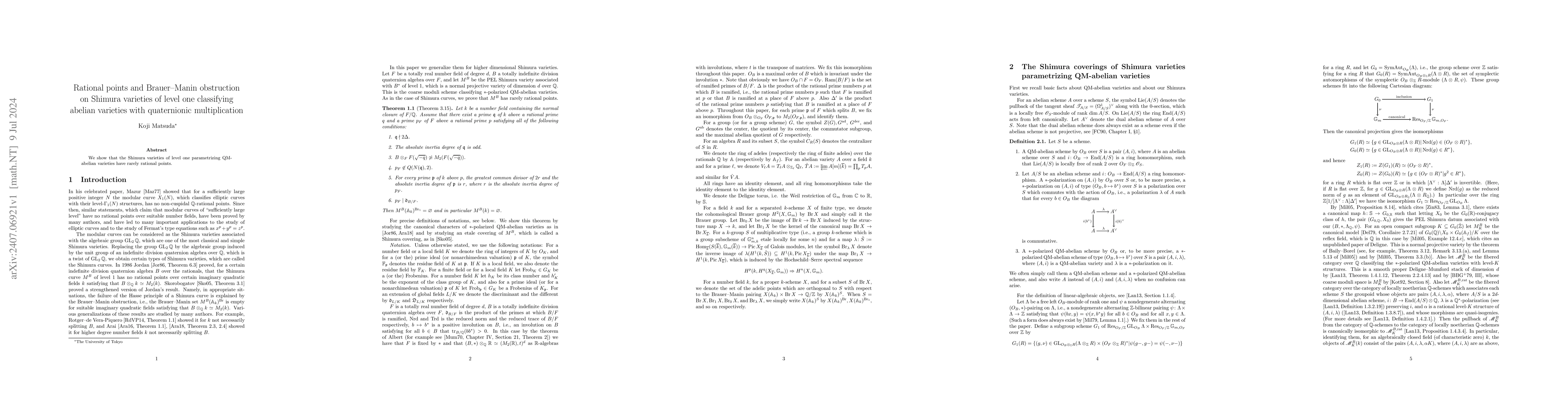 Thumbnail for Rational points and Brauer--Manin obstruction on Shimura varieties of
  level one classifying abelian varieties with quaternionic multiplication