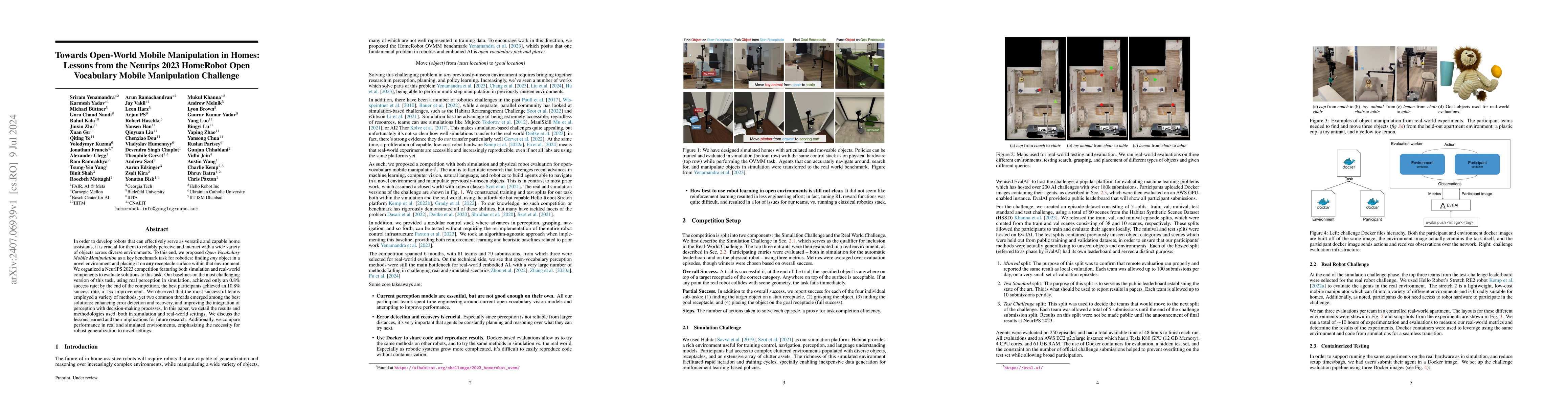 Thumbnail for Towards Open-World Mobile Manipulation in Homes: Lessons from the
  Neurips 2023 HomeRobot Open Vocabulary Mobile Manipulation Challenge