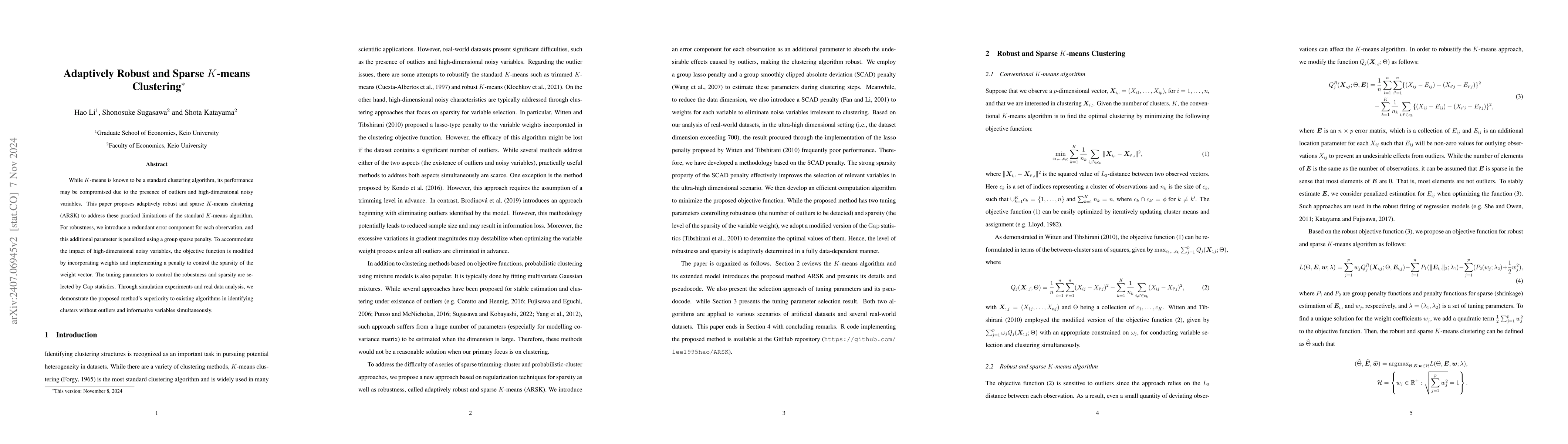 Thumbnail for Adaptively Robust and Sparse K-means Clustering