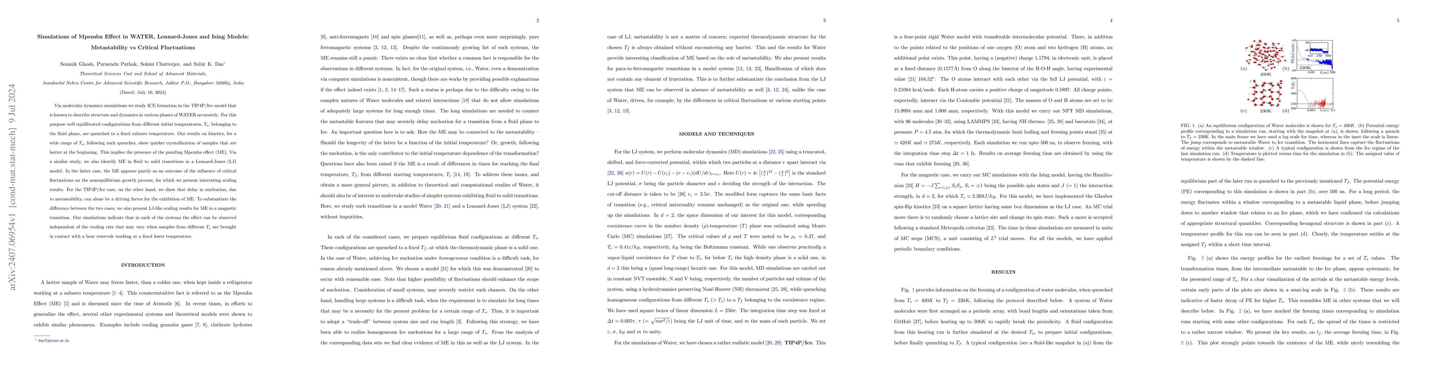 Thumbnail for Simulations of Mpemba Effect in WATER, Lennard-Jones and Ising Models:
  Metastability vs Critical Fluctuations