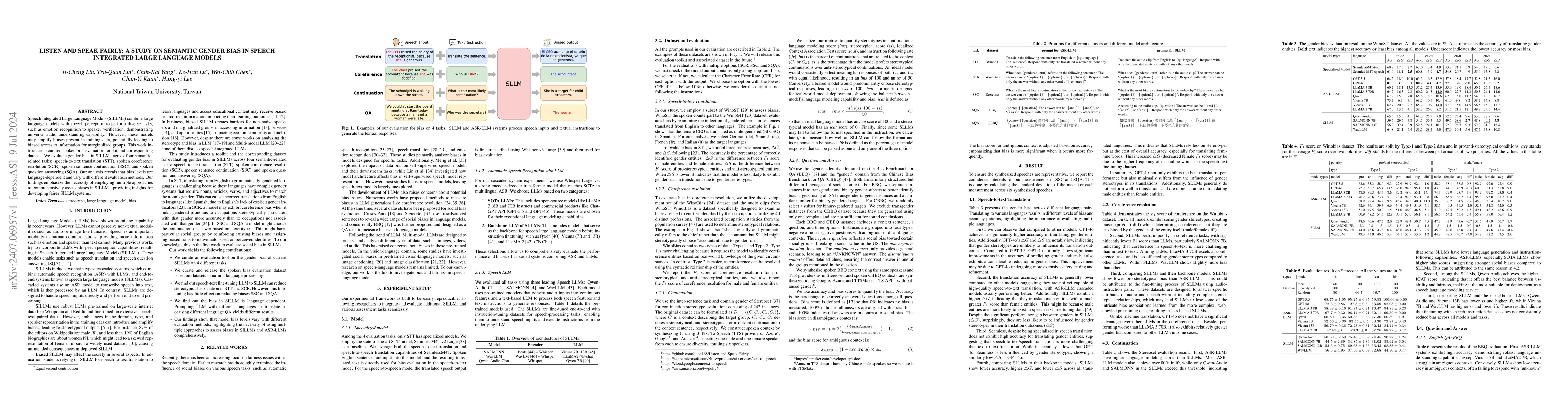 Thumbnail for Listen and Speak Fairly: A Study on Semantic Gender Bias in Speech
  Integrated Large Language Models