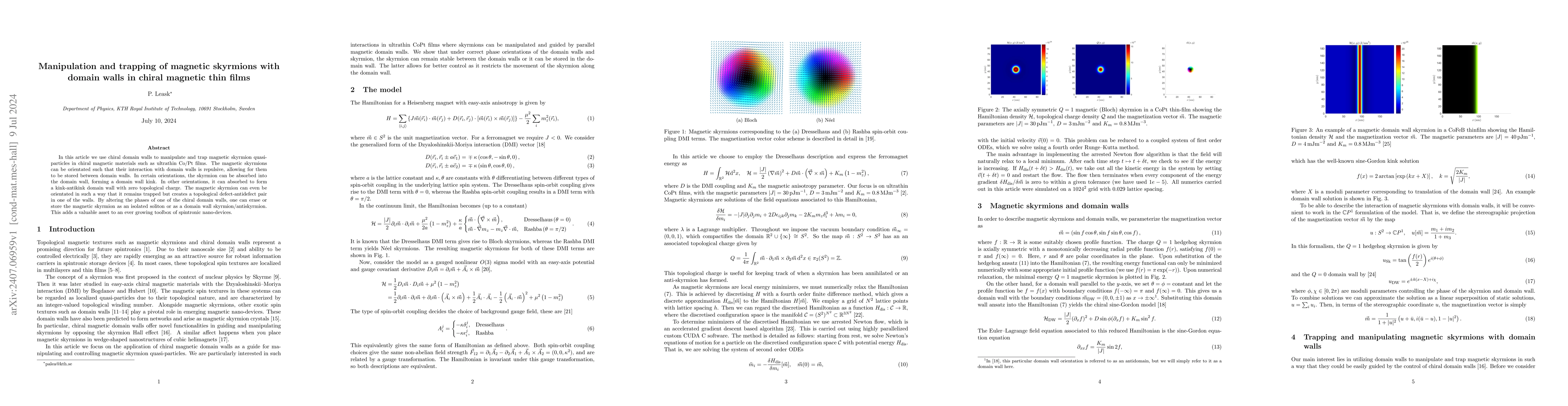 Thumbnail for Manipulation and trapping of magnetic skyrmions with domain walls in
  chiral magnetic thin films