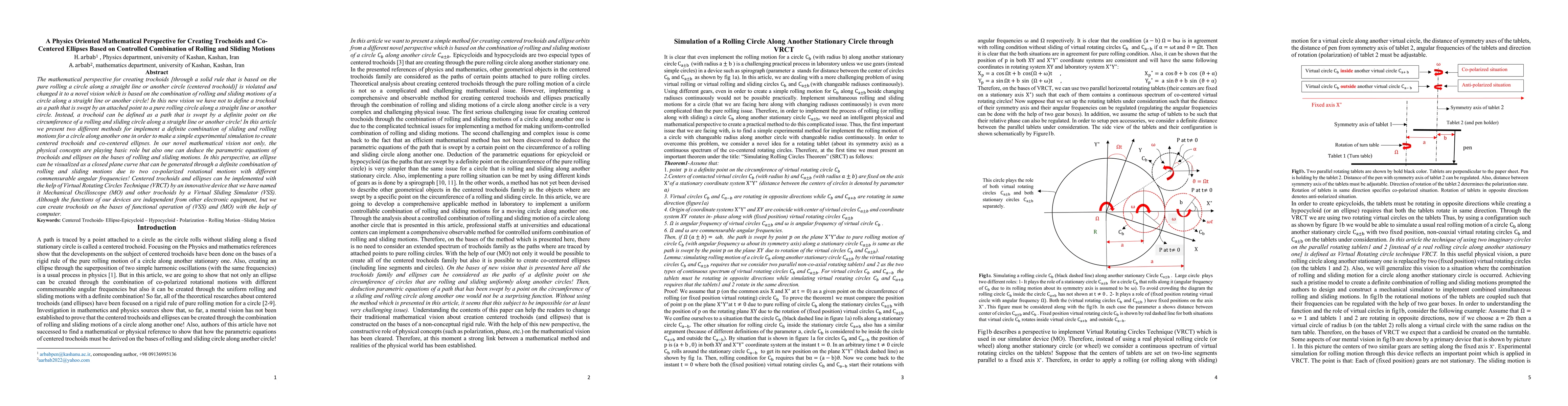 Thumbnail for A Physics Oriented Mathematical Perspective for Creating Trochoids and
  Co-Centered Ellipses Based on Controlled Combination of Rolling and Sliding
  Motions
