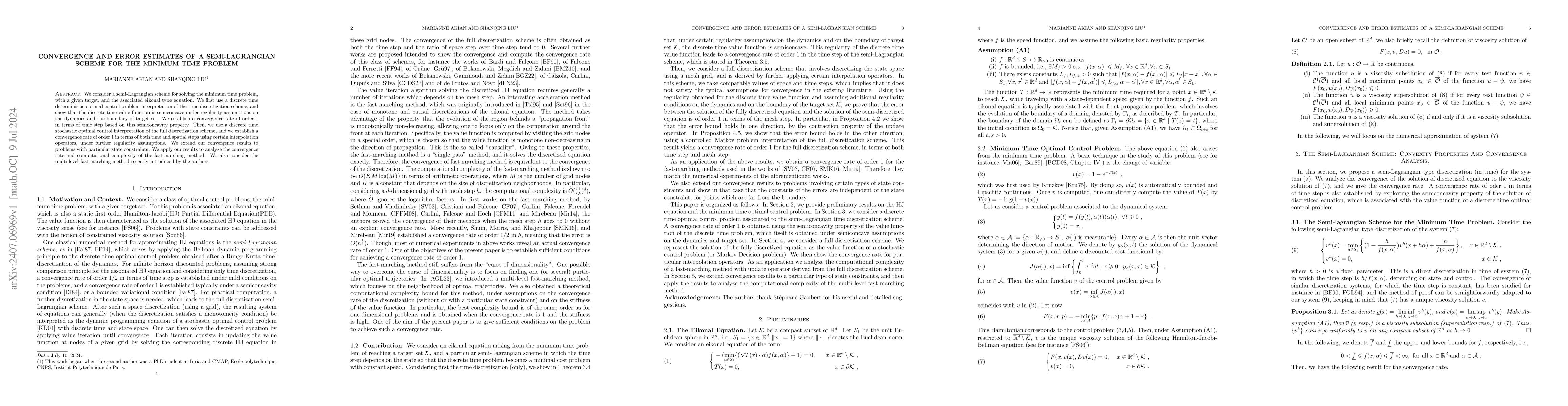Thumbnail for Convergence and Error Estimates of A Semi-Lagrangian scheme for the
  Minimum Time Problem
