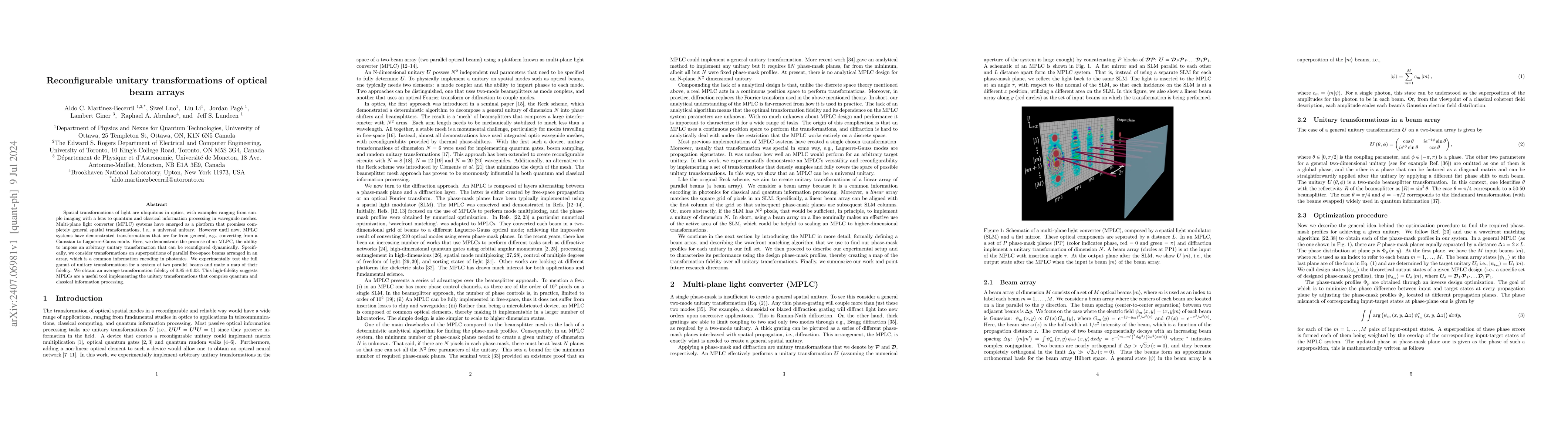 Thumbnail for Reconfigurable unitary transformations of optical beam arrays