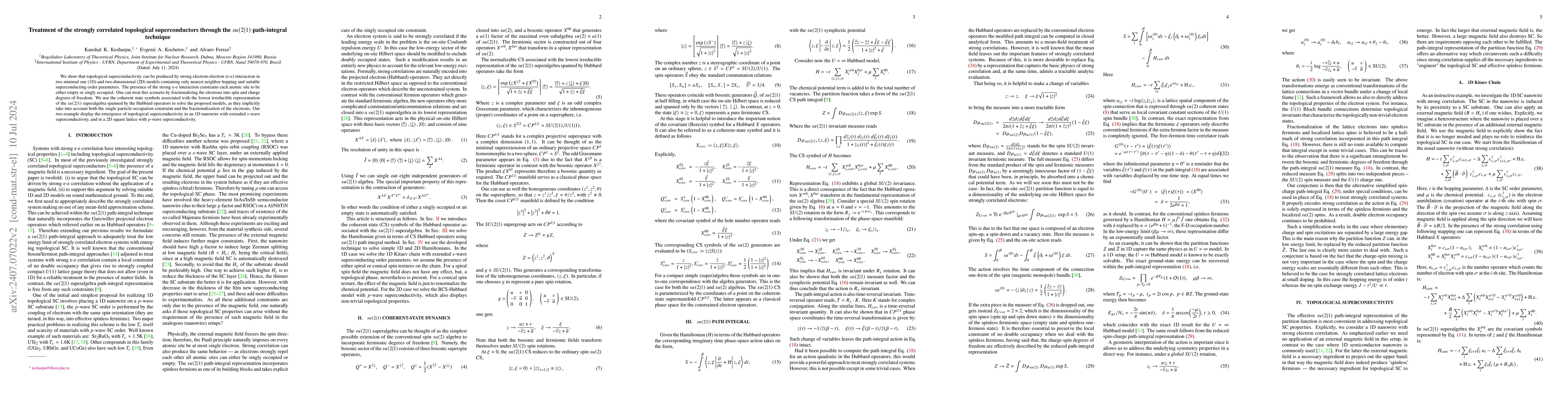 Thumbnail for Treatment of the strongly correlated topological superconductors through
  the $su(2|1)$ path-integral technique