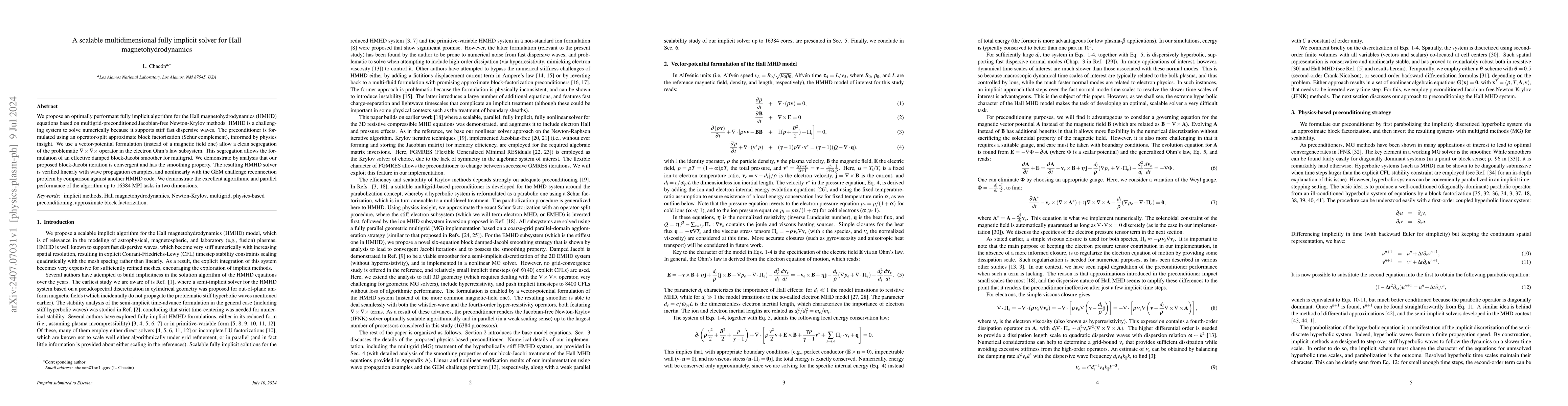 Thumbnail for A scalable multidimensional fully implicit solver for Hall
  magnetohydrodynamics