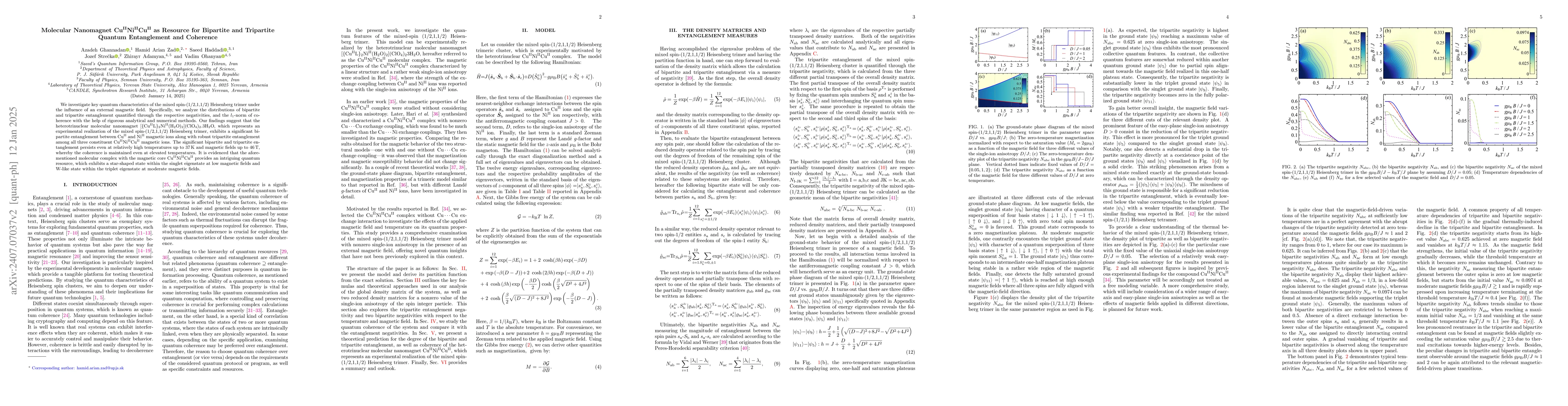 Thumbnail for Molecular Nanomagnet
  $\text{Cu}^\text{II}\text{Ni}^\text{II}\text{Cu}^\text{II}$ as Resource for
  Quantum Entanglement, Coherence, and Spin Squeezing