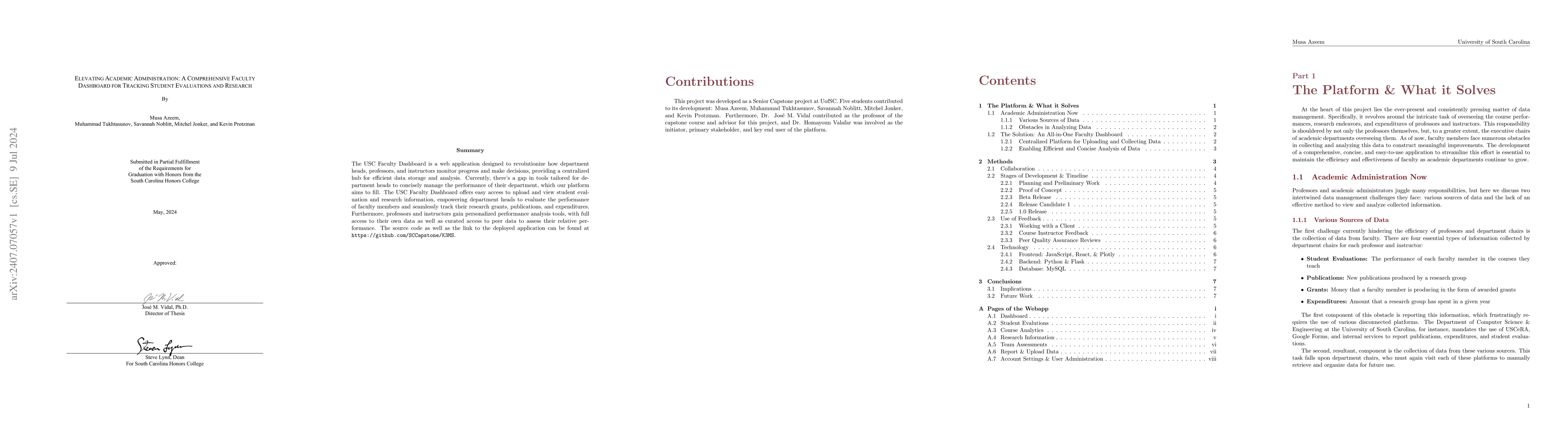Thumbnail for Elevating Academic Administration: A Comprehensive Faculty Dashboard for
  Tracking Student Evaluations and Research
