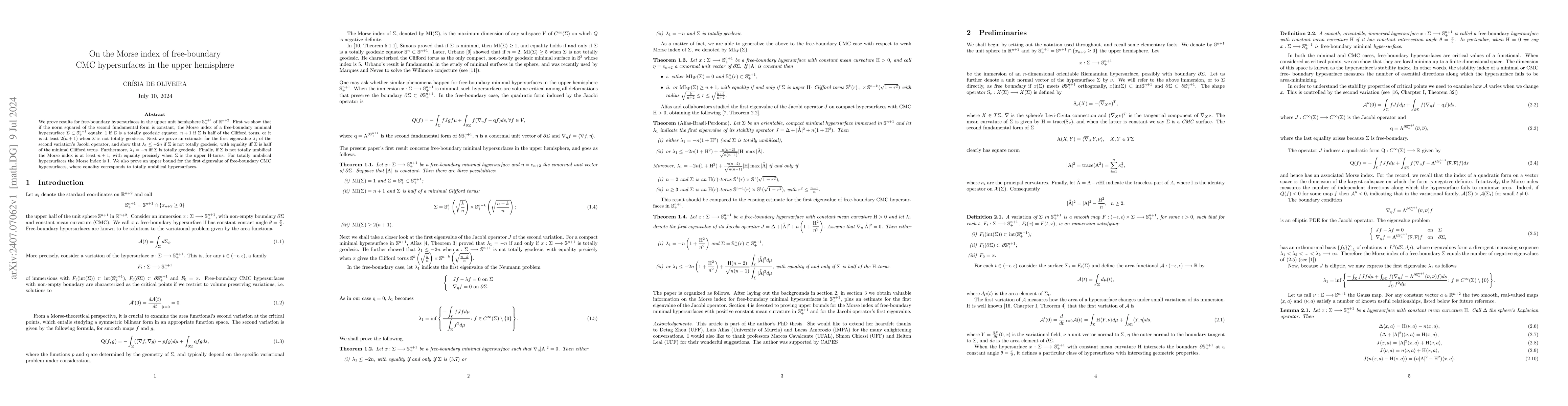 Thumbnail for On the Morse index of free-boundary CMC hypersurfaces in the upper
  hemisphere