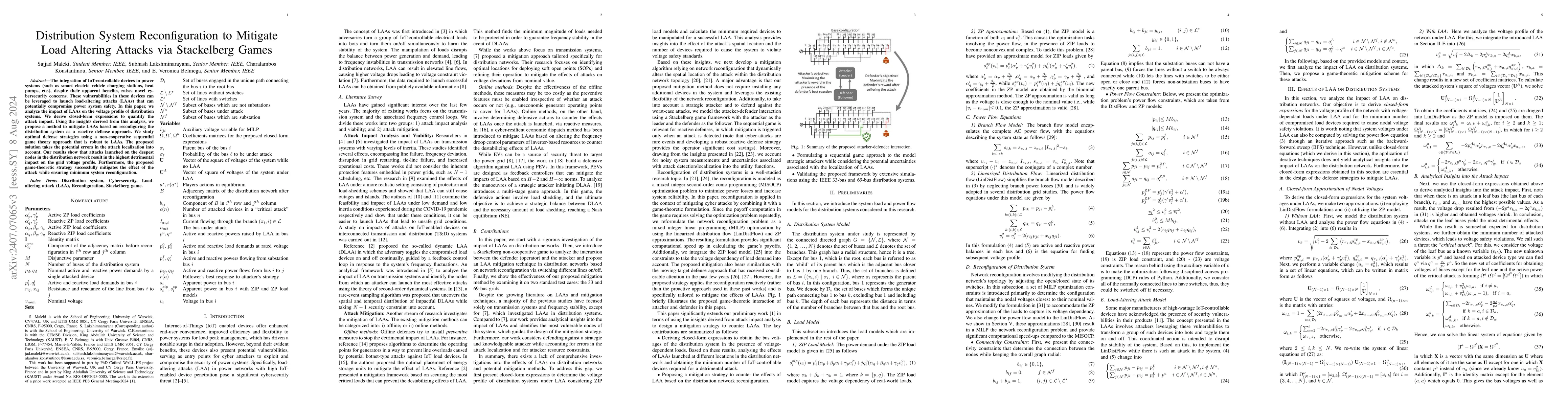 Thumbnail for Distribution System Reconfiguration to Mitigate Load Altering Attacks
  via Stackelberg Games