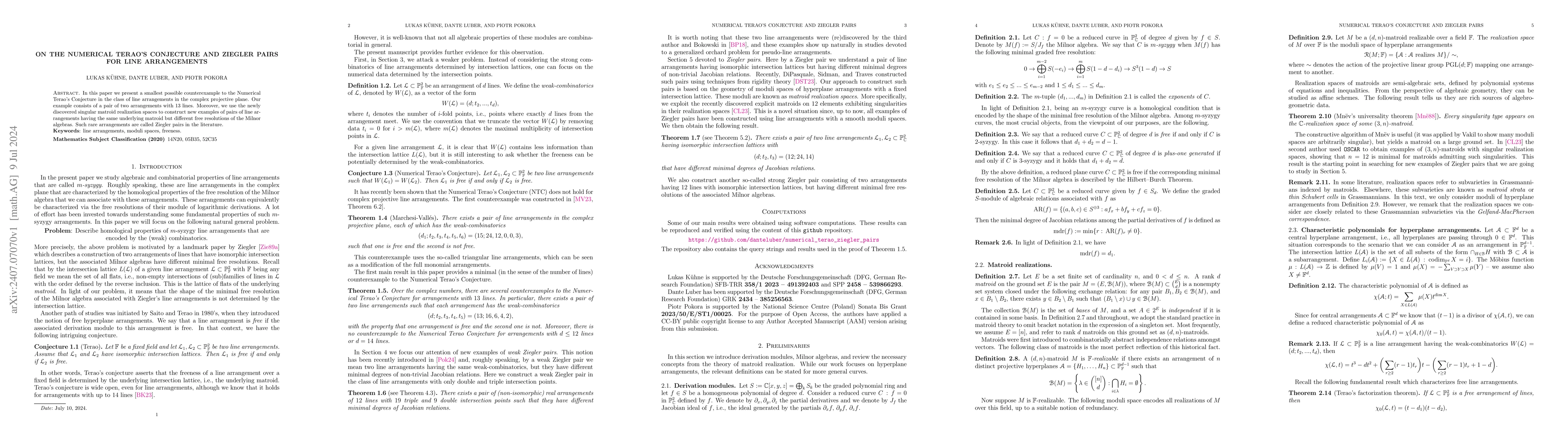 Thumbnail for On the numerical Terao's conjecture and Ziegler pairs for line
  arrangements