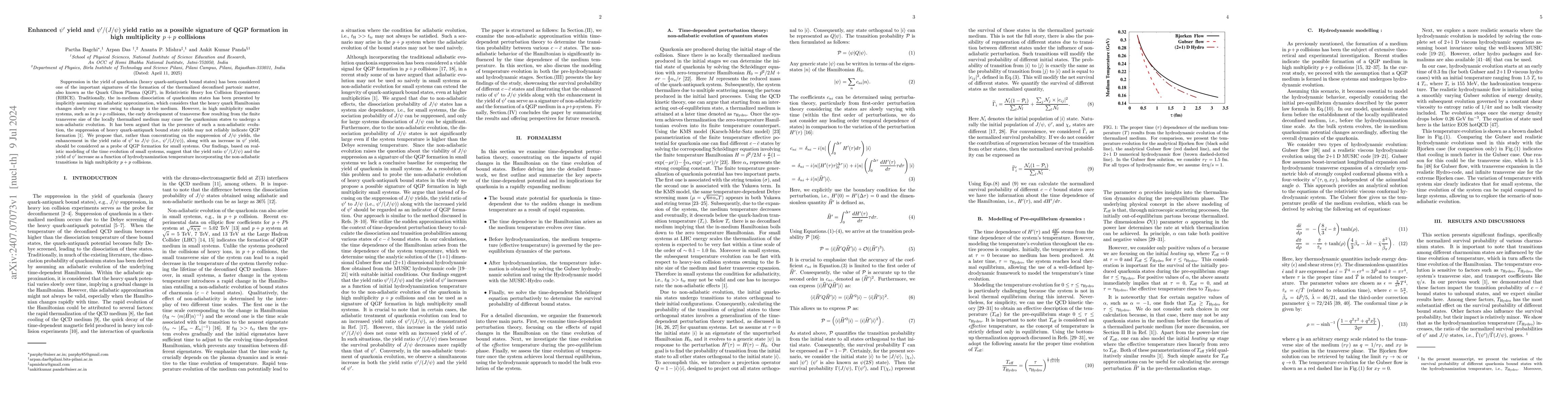 Thumbnail for Enhanced $ψ^{\prime}$ yield and $ψ^{\prime}/(J/ψ)$ yield ratio
  as a possible signature of QGP formation in high multiplicity $p+p$
  collisions
