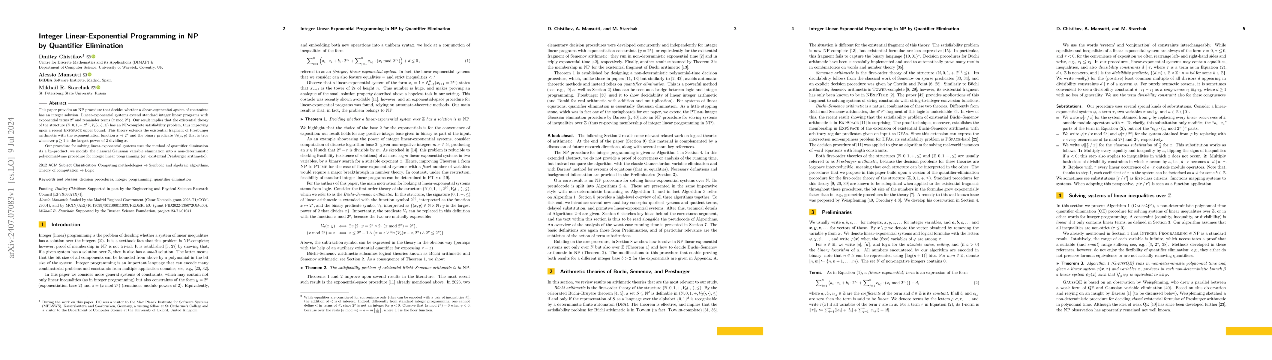 Thumbnail for Integer Linear-Exponential Programming in NP by Quantifier Elimination