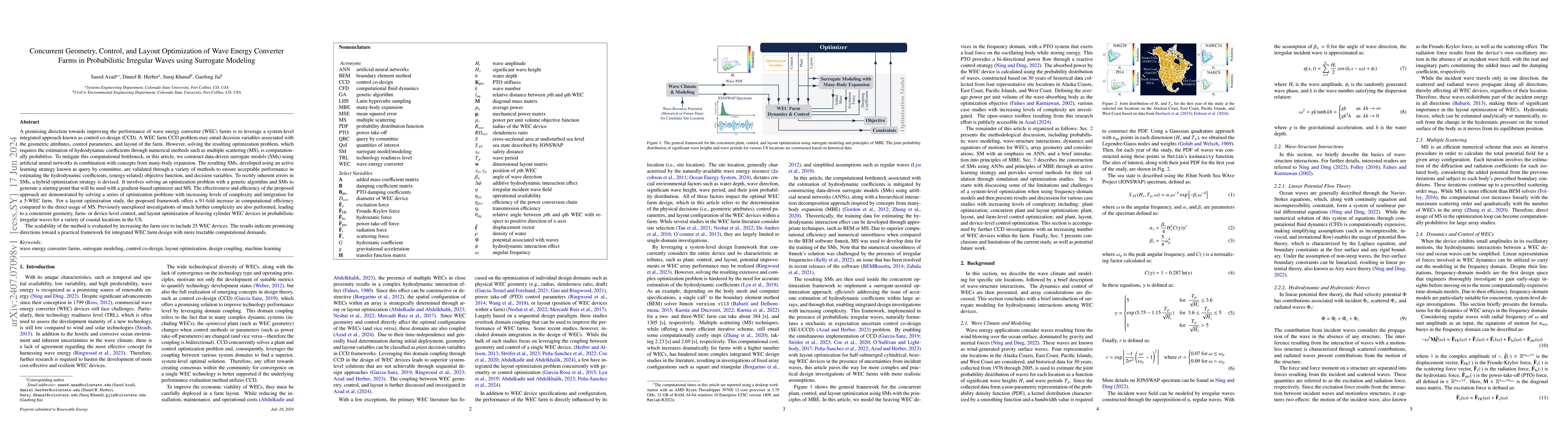 Thumbnail for Concurrent Geometry, Control, and Layout Optimization of Wave Energy
  Converter Farms in Probabilistic Irregular Waves using Surrogate Modeling