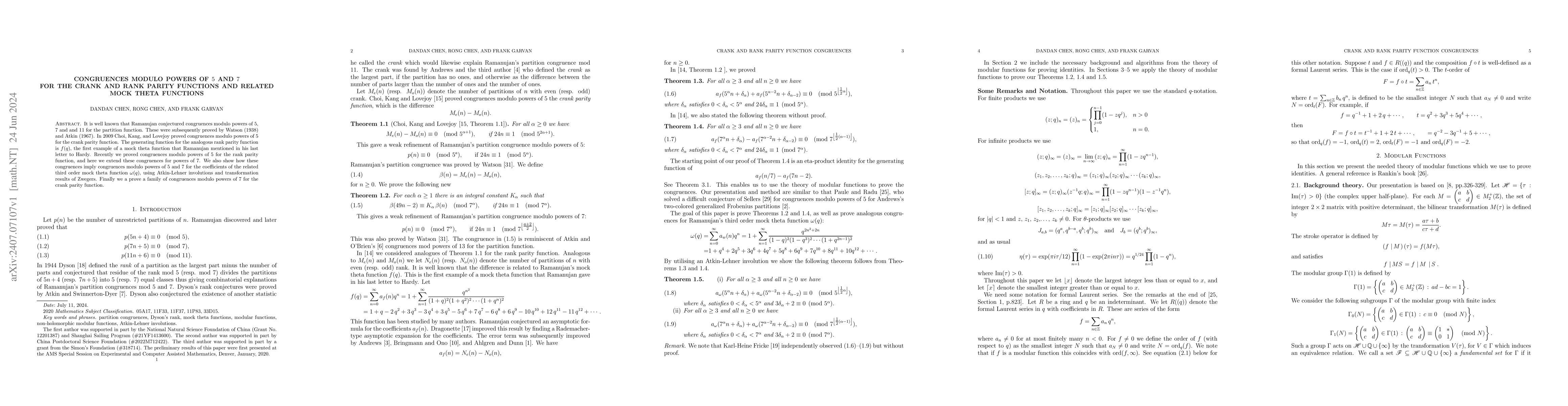 Thumbnail for Congruences modulo powers of $5$ and $7$ for the crank and rank parity
  functions and related mock theta functions