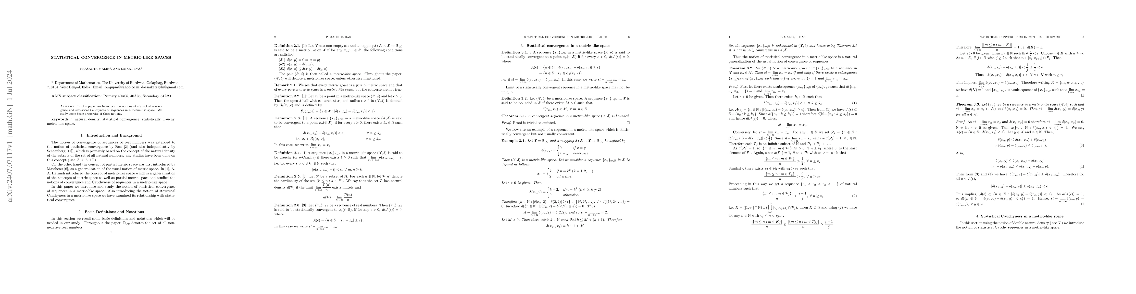 Thumbnail for Statistical convergence in metric-like spaces