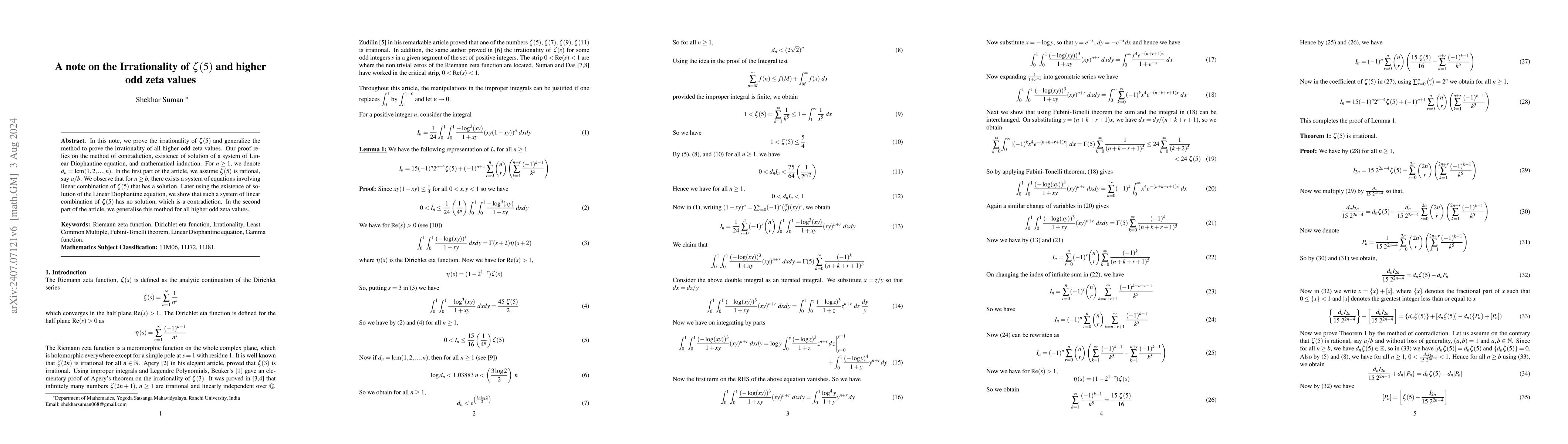Thumbnail for A note on the Irrationality of $ζ(5)$ and Higher Odd Zeta Values