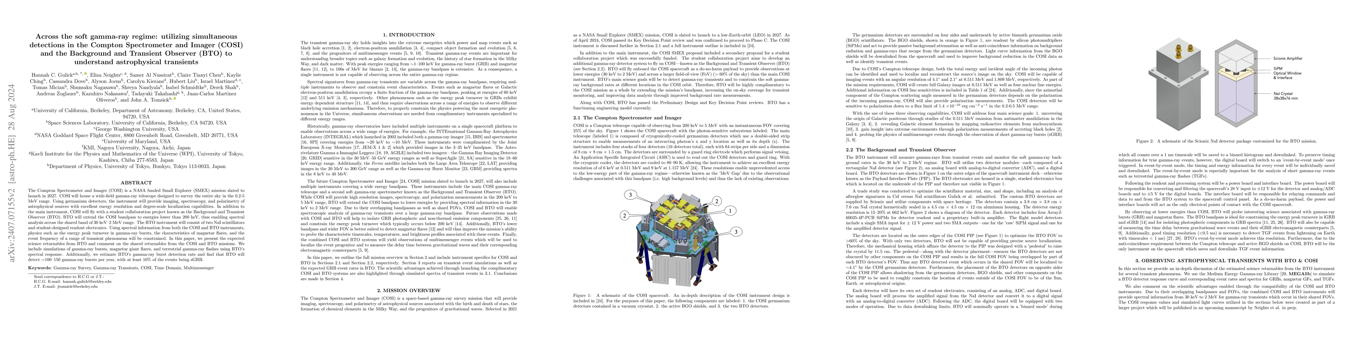 Thumbnail for Across the soft gamma-ray regime: utilizing simultaneous detections in
  the Compton Spectrometer and Imager (COSI) and the Background and Transient
  Observer (BTO) to understand astrophysical transients