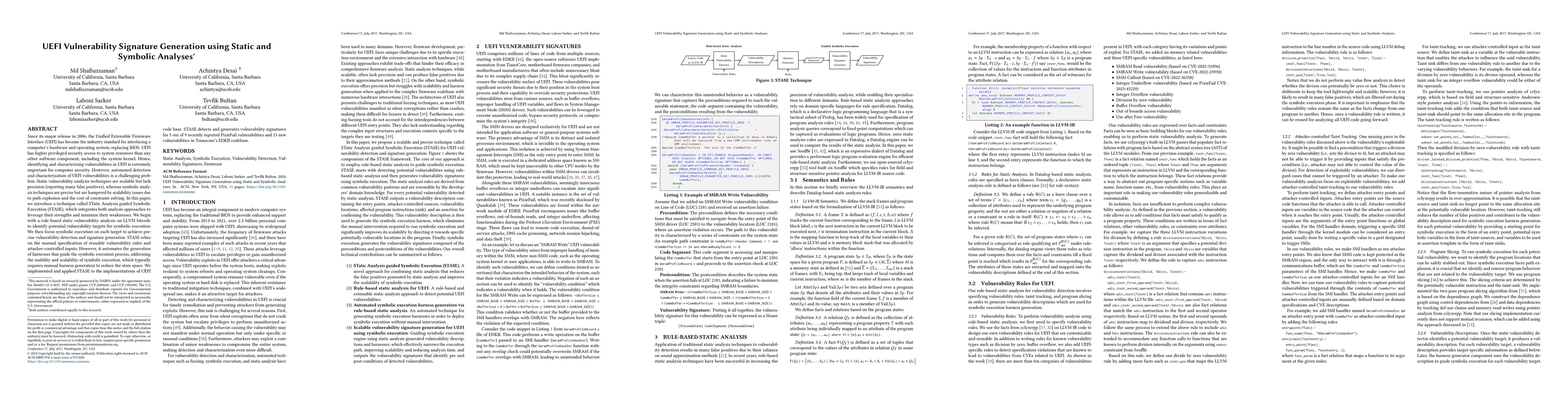 Thumbnail for UEFI Vulnerability Signature Generation using Static and Symbolic
  Analysis